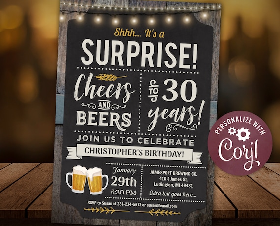 30th Cheers and Beers Surprise Birthday Party Invitation THIRTY