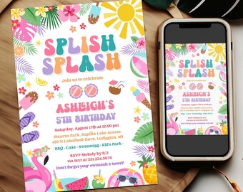 Editable Summer Birthday Party Invitation - Splish Splash Girl Birthday Invite - Tropical Summer Pool Party - Digital Download - 2002