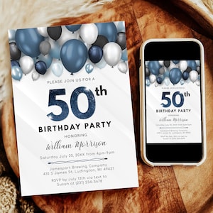 Balloons 50th Birthday Invitation - Adult FIFTY Birthday Invite - Blue & White Birthday Party - Digital Instant Download - B40 BP40C