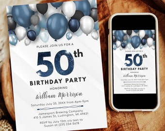 Balloons 50th Birthday Invitation - Adult FIFTY Birthday Invite - Blue & White Birthday Party - Digital Instant Download - B40 BP40C