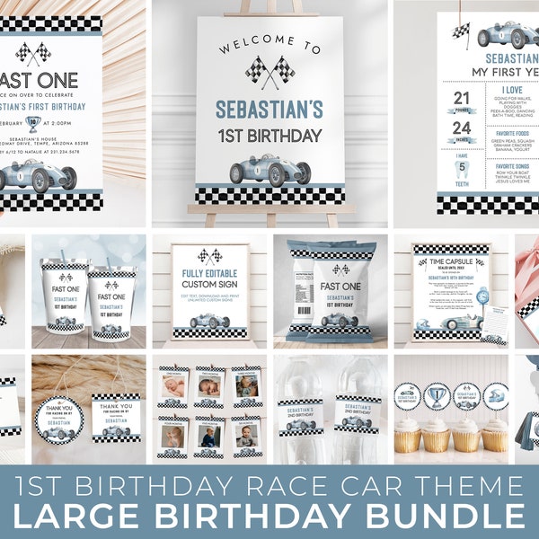 Editable Fast ONE Birthday Invitation Bundle - Race Car 1st Birthday - Vintage Race Car Birthday Party - Digital Download BK162