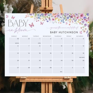 Baby in Bloom ベビーシャワー出産予定日カレンダーテンプレート - ワイルドフラワー フローラル バタフライ ベビーシャワー - デジタルダウンロード 5015-BBS