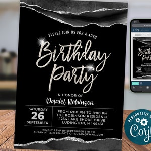 Black Agate Birthday Invite Silver Glitter Vein, Adult Birthday Invitation Digital Instant Download Editable, AGT APBB