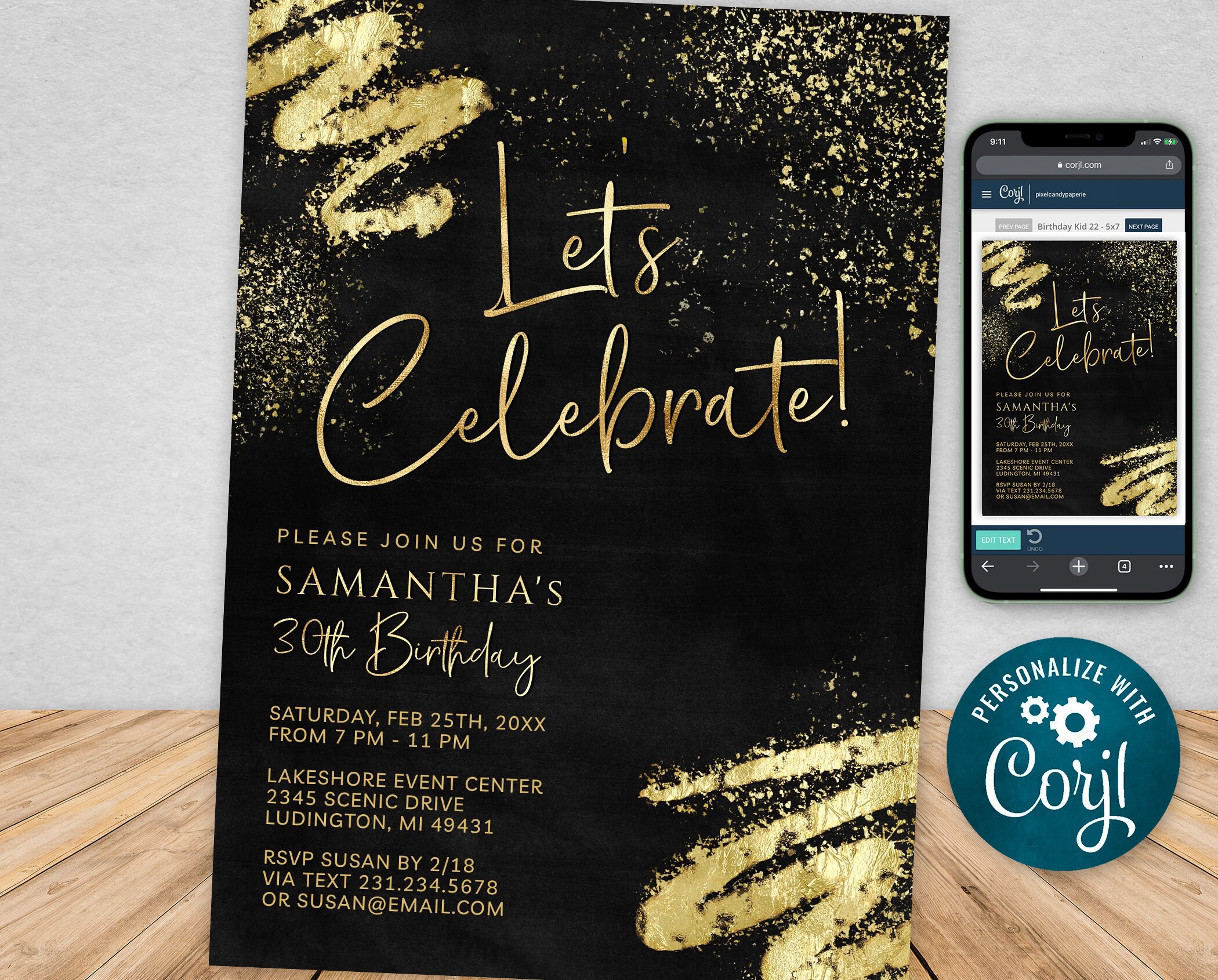 Black and Gold Birthday Party Invitation Template Digital Instant ...