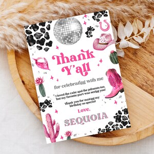 Editable Space Cowgirl Birthday Thank You Card Template - Pink Disco Cowgirl Party Invite - Nashville Party - Instant Download 0600
