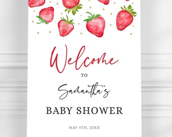 Strawberry Baby Shower Welcome Sign Template - Berry Sweet Baby Shower - Girl Baby Shower - Printable Digital Download 1418BBS