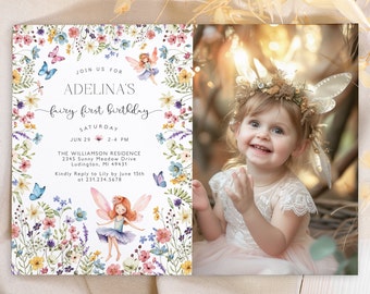 Fairy First Birthday Photo Invitation - Girls 1st Birthday Wildflower Fairy Party - Printable Editable Template - Digital Download 1614