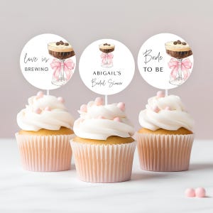Pink Bow Espresso Martini Cupcake Topper Template - Love is Brewing Bridal Shower Decor - Editable Digital Download 5009C