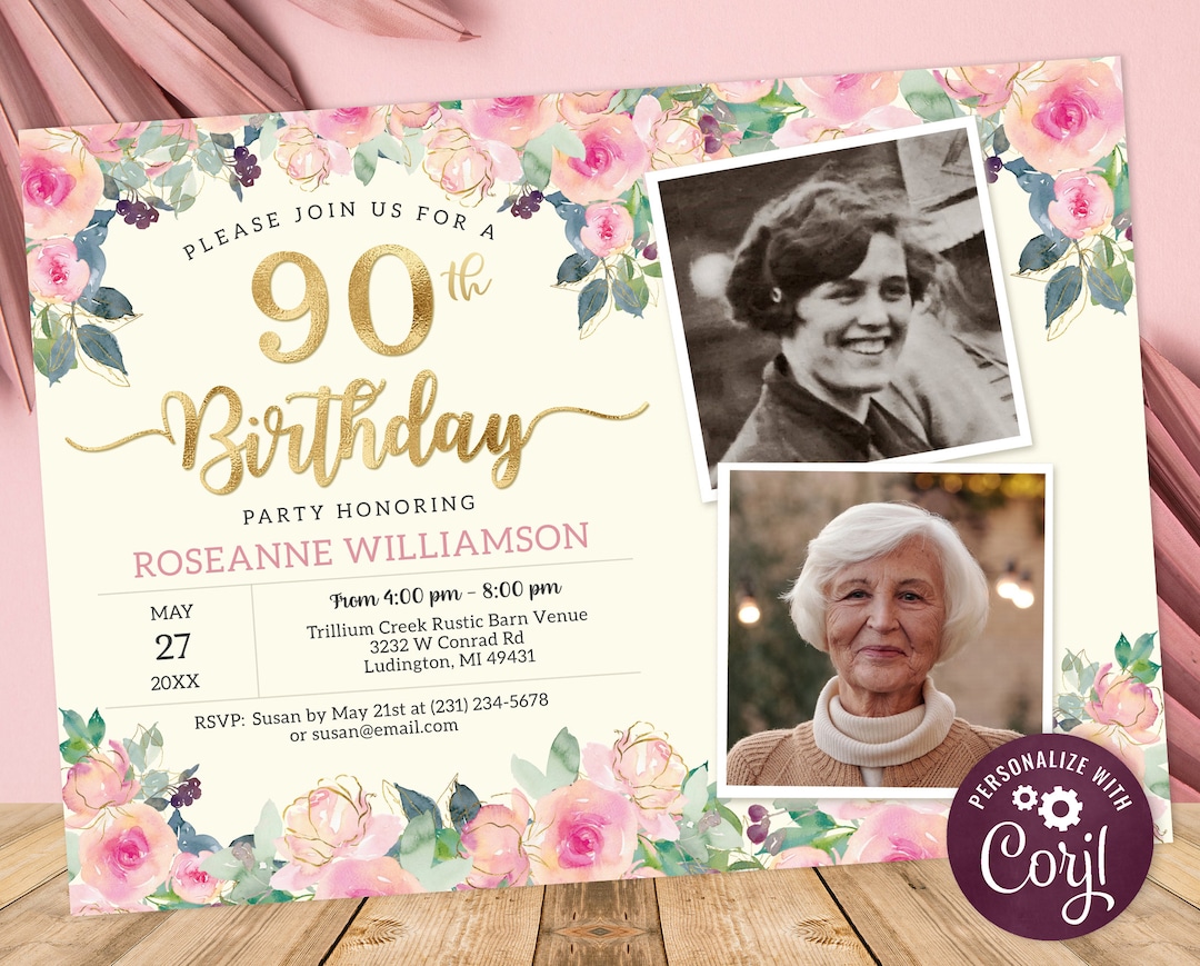 90th Birthday 2 Photo Invitation Adult NINETY Birthday Invite Gold ...