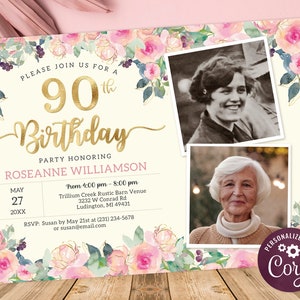 90th Birthday 2 Photo Invitation - Adult NINETY Birthday Invite - Gold, Cream &  Blush Pink Floral Digital INSTANT download Editable - B23C