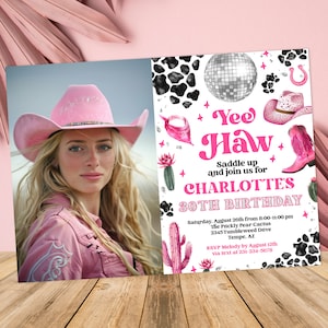 Editable Adult Space Cowgirl Birthday Photo Invitation - Pink Disco Cowgirl Invite - Nashville Rodeo Party - Instant Download 0600