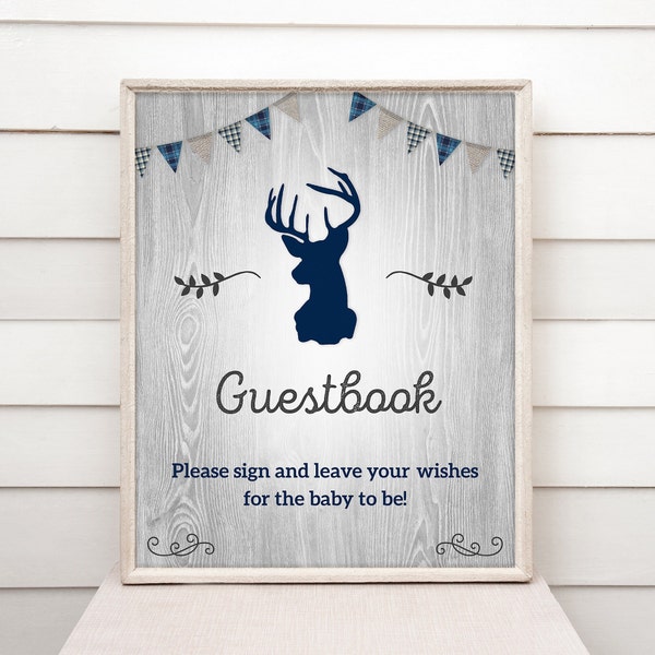 Editable Little Buck Deer Guestbook Sign - Boy Rustic Baby Shower Signs - INSTANT DOWNLOAD - Plaid, Blue Gray BBS5