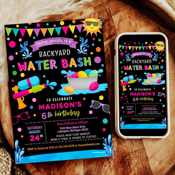 Water Gun Birthday Invitation Girl Summer Birthday Party Invitation Digital + Printable Evite +Thank You - Digital Download Waterslide WSBPB
