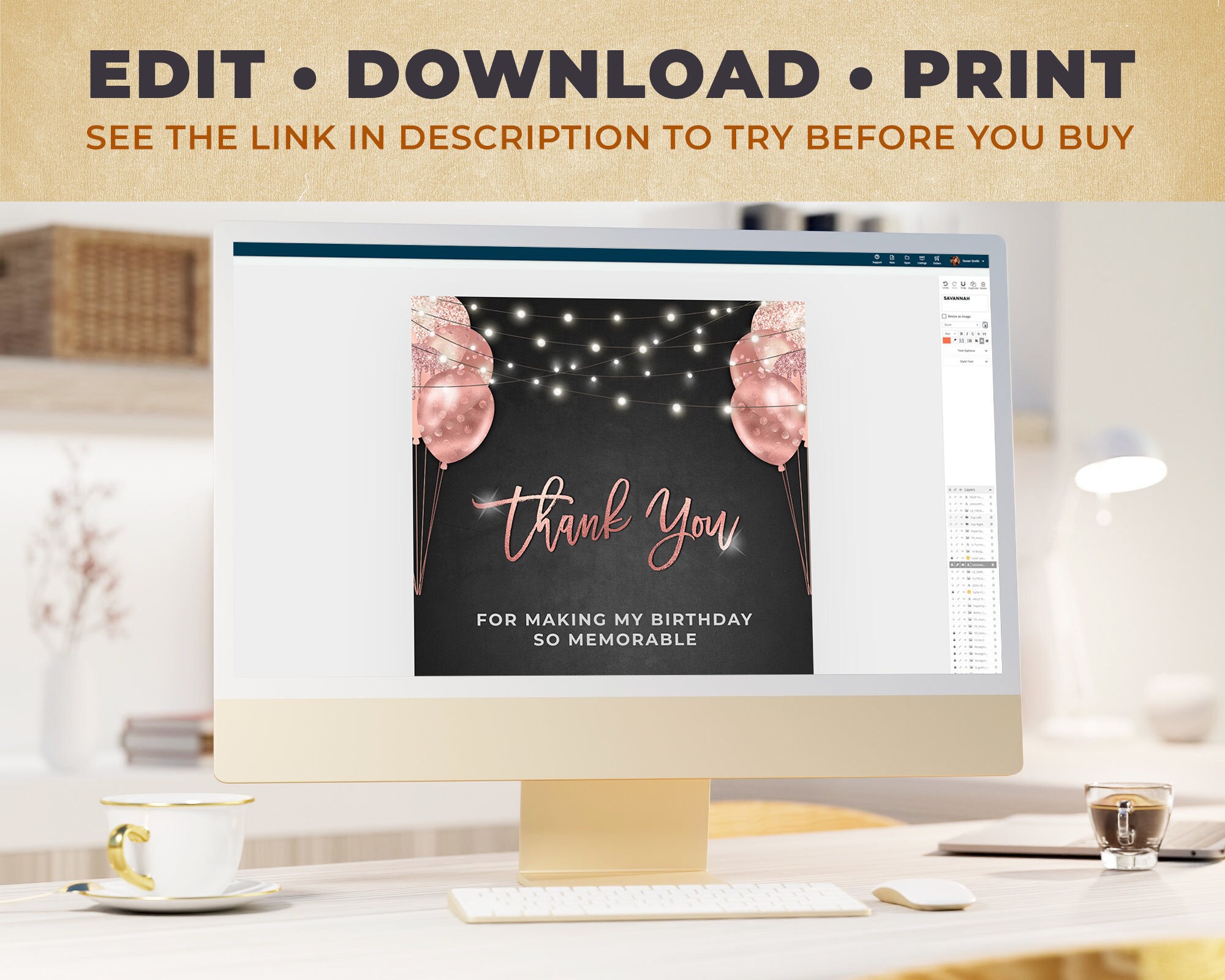 Black and Rose Gold Editable Thank You Card + Tag Template - Digital ...