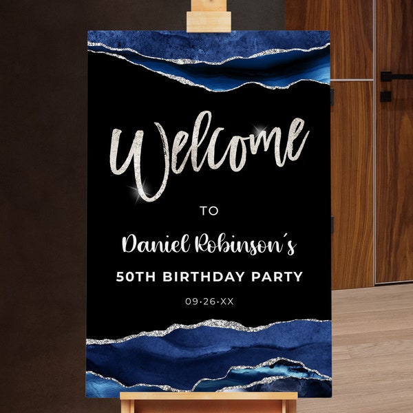 Birthday Welcome Sign Birthday Welcome Poster Blue and Silver Digital Instant Download Editable, AGT APBBL