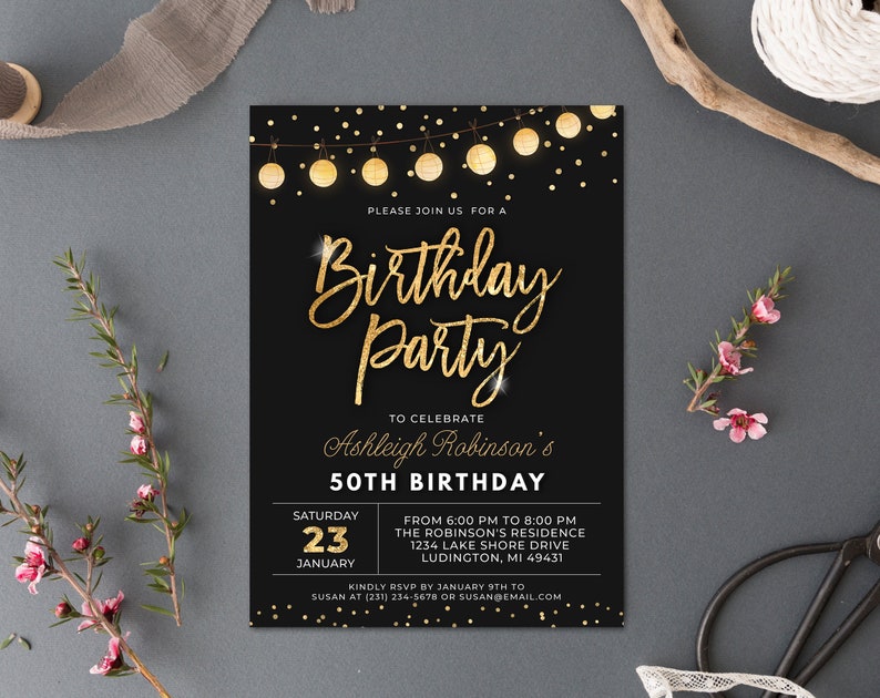 Birthday Party Invitation Elegant Invite Black and Gold Sparkle Glitter Confetti Birthday Party Digital INSTANT DOWNLOAD Editable B95 image 4