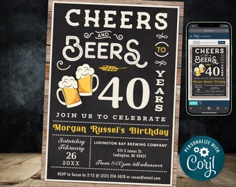 40th Cheers and Beers Birthday Party Invitation FORTY Wood & Chalkboard Digital INSTANT Download 5x7 Editable CB2 CBBP