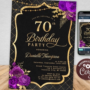 70th Birthday Invitation Template - Elegant Invite - Black with Purple Roses and Gold Glitter - Instant Download BPR BP113