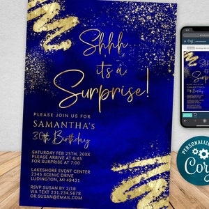 Royal Blue and Gold Adult Surprise Birthday Invitation Template Digital Instant Download Editable Mens Womens BPG BP147