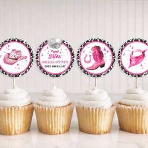 Editable Space Cowgirl  Cupcake Toppers - Circle - Disco Cowgirl Nashville Rodeo Party - Digital Download 0600