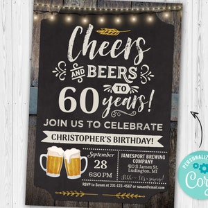 60歳の乾杯とビールの誕生日パーティー招待状 SIXTY 黒板と木製デジタル 即時ダウンロード 5x7 編集可能 大人男性 CBBP