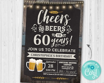 60th Cheers and Beers Birthday Party Invitation SIXTY Chalkboard & Wood Digital INSTANT Download 5x7 Editable adult mens male CBBP