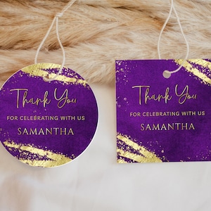 Purple and Gold Favor Tag Template - Gift Tag Template, Glitter Sparkle Instant Digital Download Editable BPG BP141