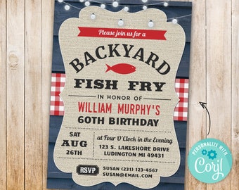 60th Back Yard Fish Fry Invitation - Birthday Party Invite SIXTY  Digital Instant Download 5x7 Editable mens male woman womens