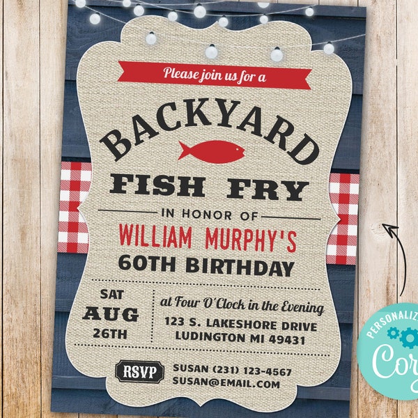 60th Back Yard Fish Fry Invitation - Birthday Party Invite SIXTY  Digital Instant Download 5x7 Editable mens male woman womens