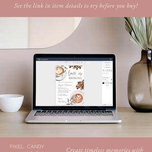 May include: A digital mockup of a printable wedding invitation with a coffee theme. The invitation features a watercolor illustration of a coffee cup with a heart design in the foam, coffee beans, and the text "love is brewing".