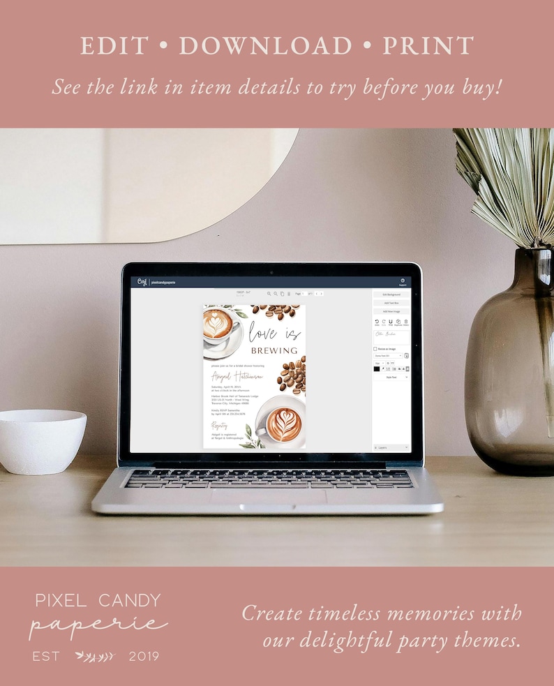 May include: A digital mockup of a printable wedding invitation with a coffee theme. The invitation features a watercolor illustration of a coffee cup with a heart design in the foam, coffee beans, and the text "love is brewing".