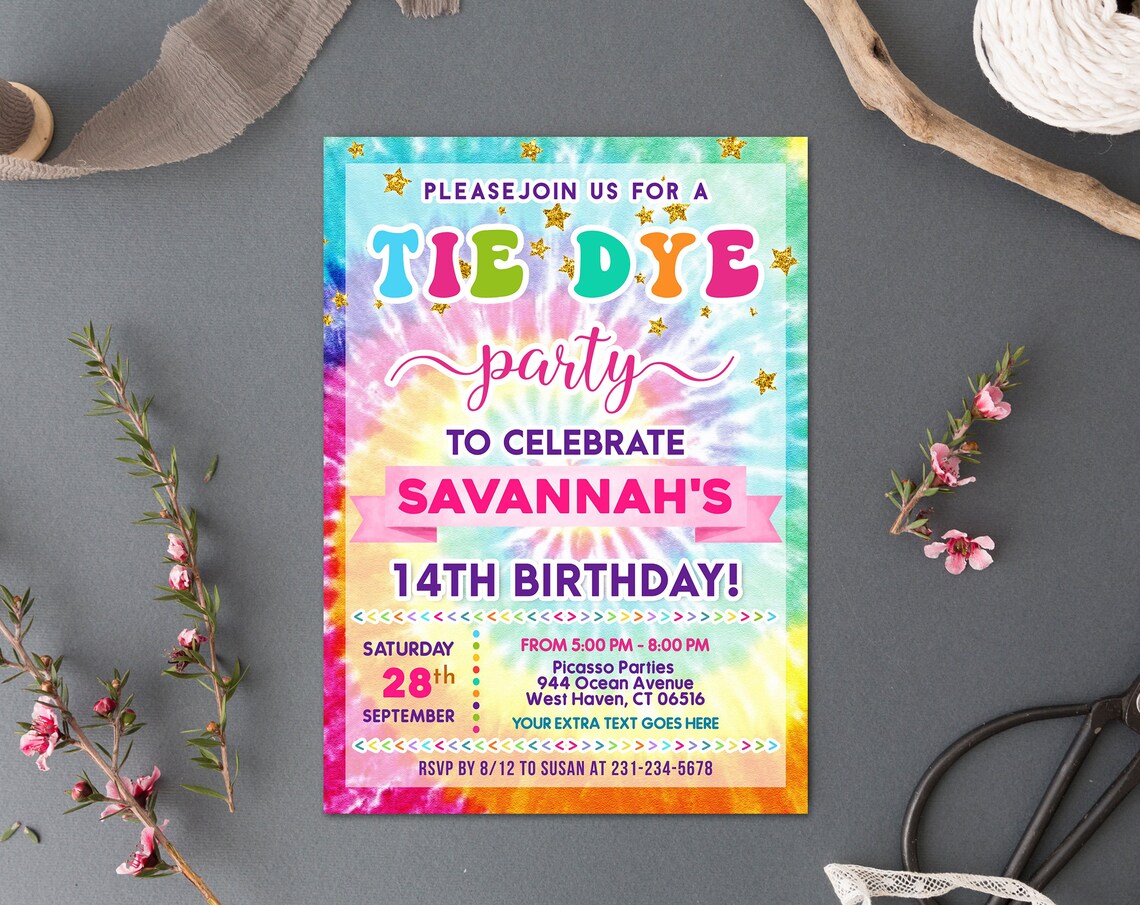Digital and Printable Tie Dye Birthday Party Invitation &amp; | Etsy