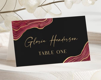 Burgundy Black and Gold Place Card Template - Editable Tent Card Template Digital Instant Digital Download Printable Editable 0300BRG