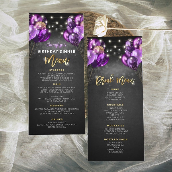 Purple and Gold Menu Card - Menu Template and Drink Menu Event Menu Template Digital Instant Digital Download Printable Editable BPB BGPG