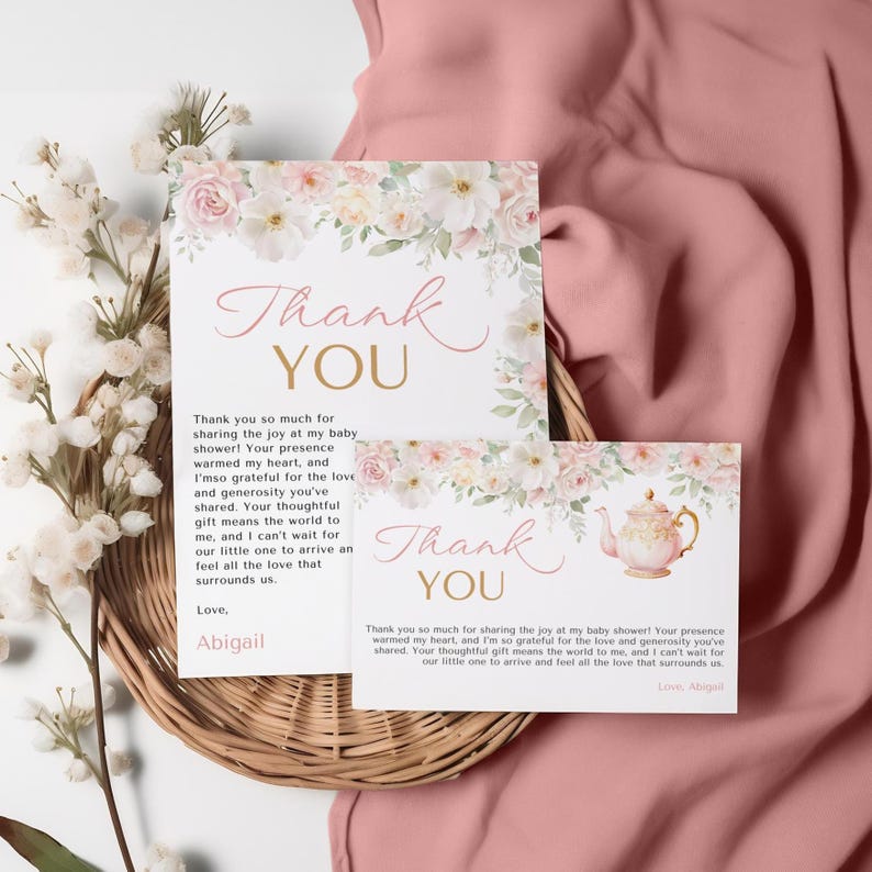 Tea Party Baby Shower Thank You Card Templates - Blush Pink Floral Tea ...
