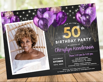 50th Birthday Photo Invitation FIFTY Party Black Gold Purple Glitter Sparkle Balloons Digital Instant Download Printable Editable BPB BGPG