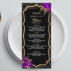 Modelo de menu editável e modelo de menu de bebidas para eventos, preto dourado roxo digital download instantâneo digital para impressão editável BPR BP113