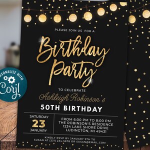 Birthday Party Invitation Elegant Invite Black and Gold Sparkle Glitter Confetti Birthday Party Digital INSTANT DOWNLOAD Editable B95 image 3