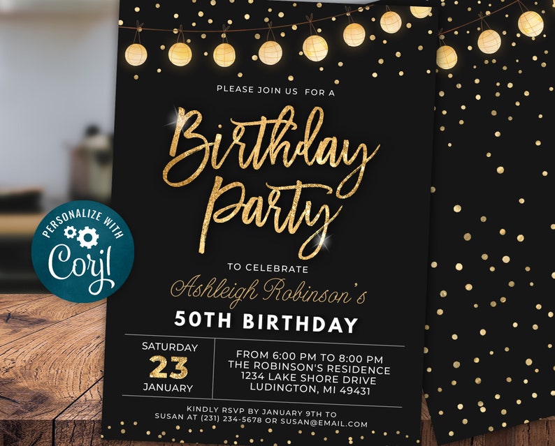 Birthday Party Invitation Elegant Invite Black and Gold Sparkle Glitter Confetti Birthday Party Digital INSTANT DOWNLOAD Editable B95 image 3