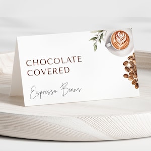 Plantilla de etiqueta de comida de café editable - Tarjeta de lugar para despedida de soltera con café - Decoración para despedida de soltera Love is Brewing - Descarga digital 5010BDS