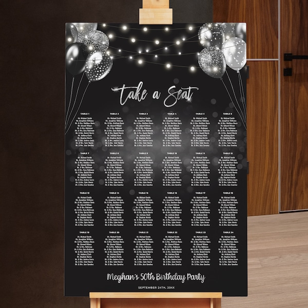 Party Seating Chart - Black and Silver Seating Chart - Digital INSTANT download Editable BPB BGCS