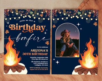 Modern Birthday Bonfire Invitation - Campfire Fall Birthday Party Photo Invite - Outdoor Bonfire Bash Party - Digital Download - 0421 11