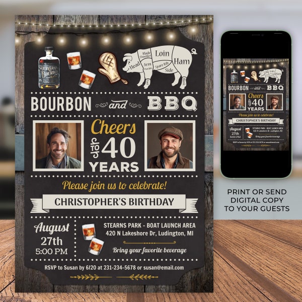 Any Age, Bourbon and BBQ 2 Photo Invite, Bourbon Barbecue Birthday Party Invitation Rustic Digital Download 5x7 Editable CBBP