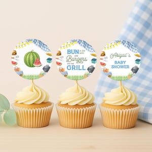 Blue BBQ Shower Cupcake Topper Template - Blue BBQ Baby Shower Decor - Editable Template - 5040-BBSB