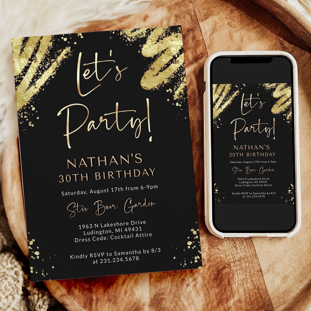 Editable Birthday Invitation Template - Black and Gold - Let's Party ...