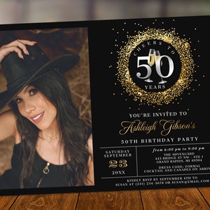 Cheers 50e verjaardag foto uitnodiging FIFTY partij zilver goud glitter schittering champagne digitale Instant Download 5 x 7 sjabloon BP108B