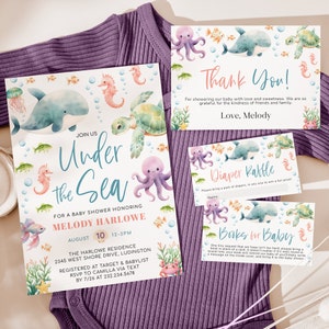 May include: A baby shower invitation with an under the sea theme. The invitation is decorated with watercolor illustrations of sea creatures, including a whale, a seahorse, a turtle, and an octopus. The text on the invitation reads "Join us Under the Sea" and includes the date, time, and location of the baby shower. The invitation also includes a request for guests to bring a pack of diapers to participate in a diaper raffle.
