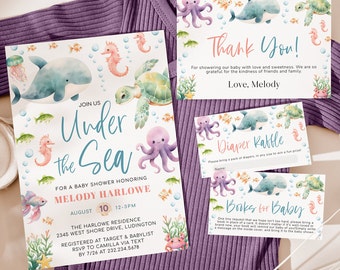May include: A baby shower invitation with an under the sea theme. The invitation is decorated with watercolor illustrations of sea creatures, including a whale, a seahorse, a turtle, and an octopus. The text on the invitation reads "Join us Under the Sea" and includes the date, time, and location of the baby shower. The invitation also includes a request for guests to bring a pack of diapers to participate in a diaper raffle.