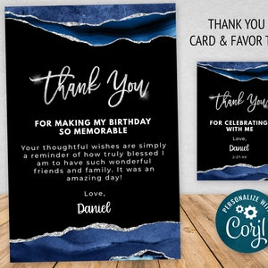 Blue and Silver Thank You Card and Gift Tag Template, Glitter Sparkle Instant Digital Download Editable AGT APBBL