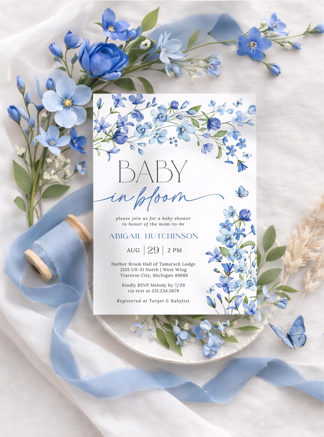 Blue Baby in Bloom Baby Shower Invitation - Editable Template - 6093 ...